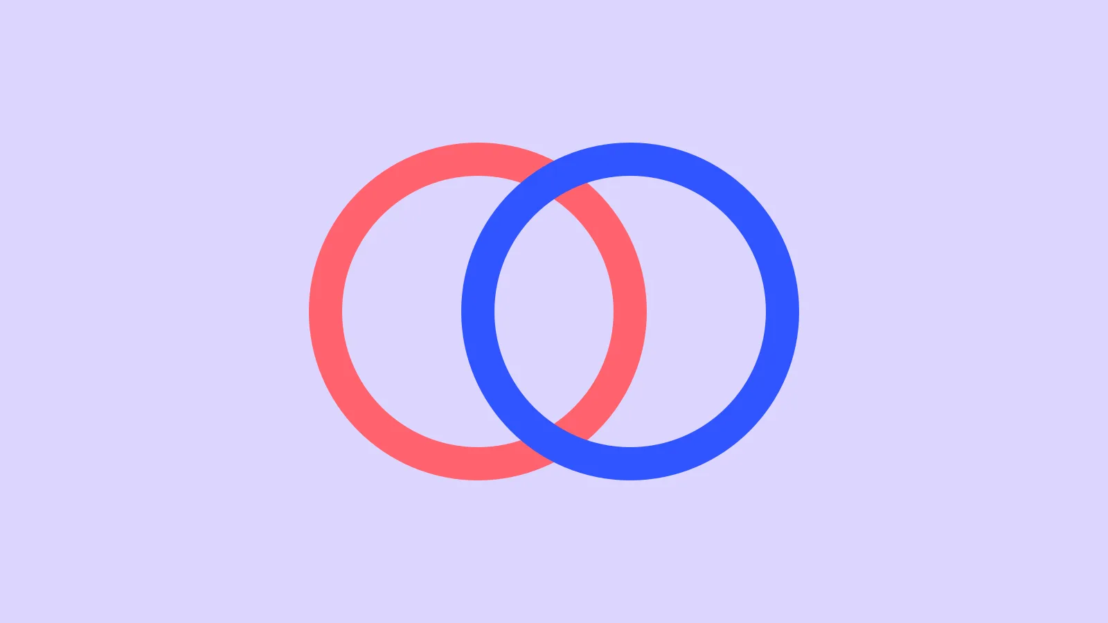 Two interlocking rings, coral and cobalt, on a lilac ground