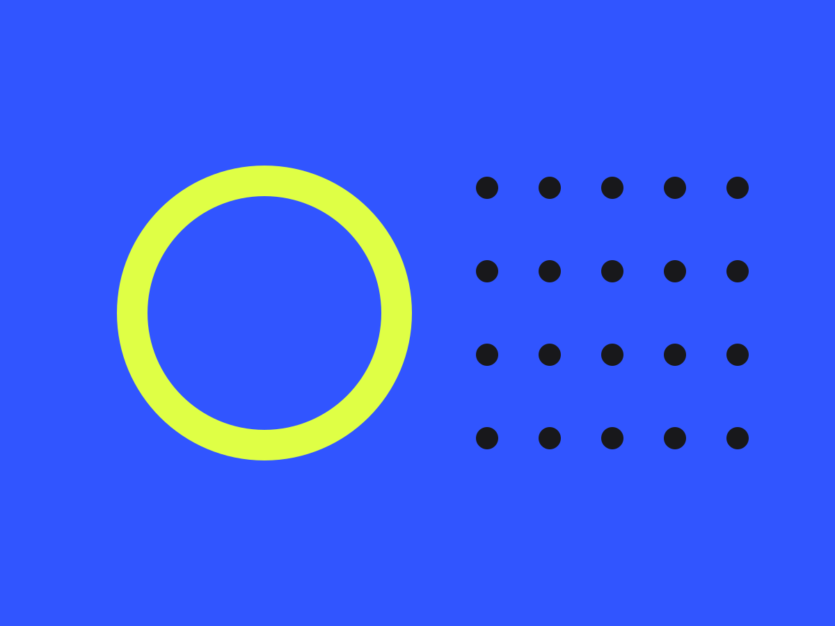 A lime ring beside a grid of small ink dots on a cobalt ground